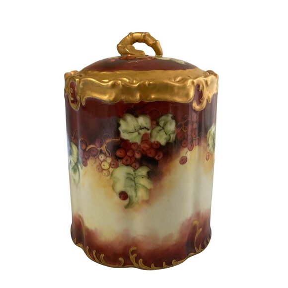 Hand Painted Porcelain Jar With Lid Featuring Berry Design & Gold Accents - Picture 2 of 9